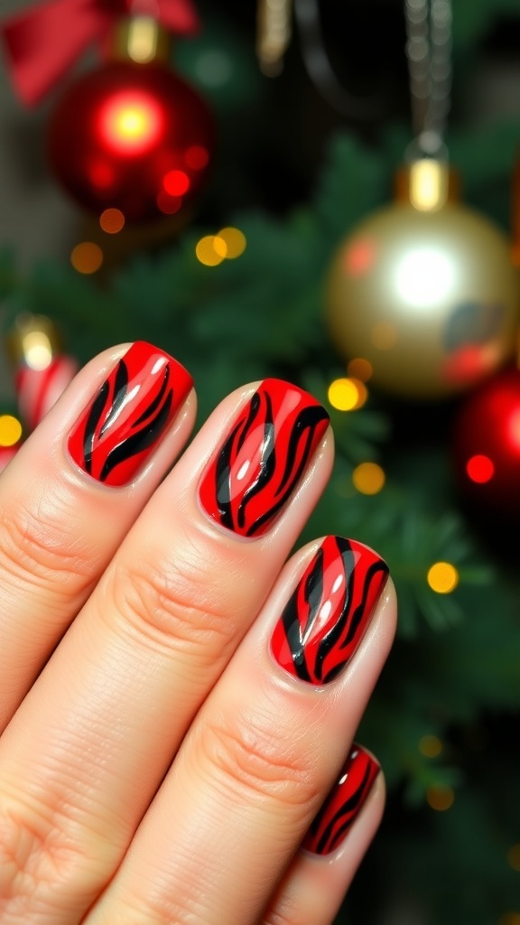Close-up of zebra print Christmas nails with red base and black stripes, set against a festive background.